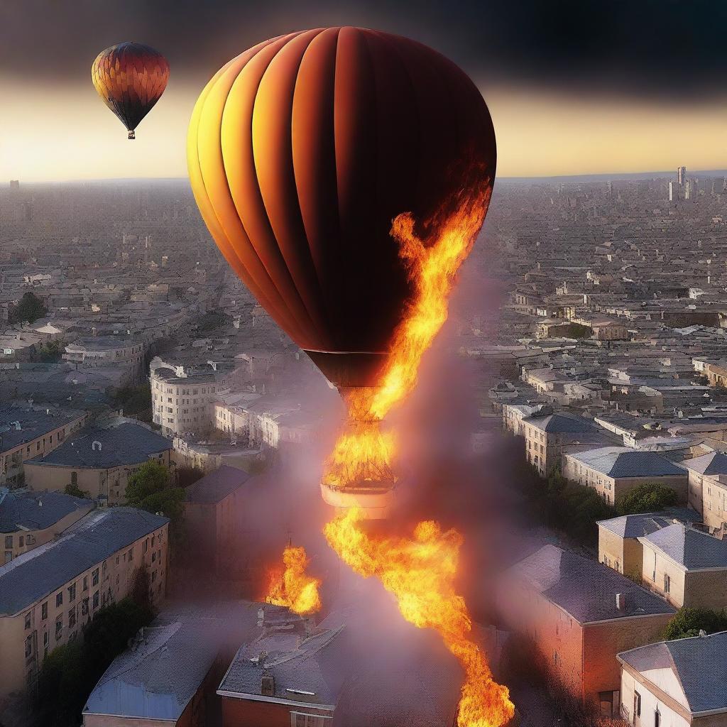 A striking scene of an undamaged hot air balloon on fire, floating above a city