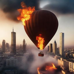 A striking scene of an undamaged hot air balloon on fire, floating above a city