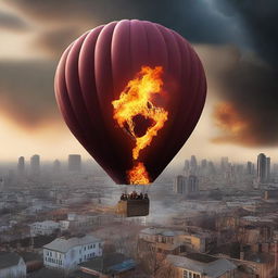 A striking scene of an undamaged hot air balloon on fire, floating above a city