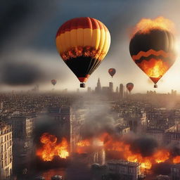 A striking scene of an undamaged hot air balloon on fire, floating above a city