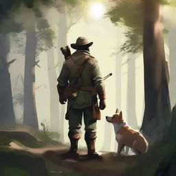 A blind ranger standing confidently in a dense forest, with a bow slung over their shoulder and a faithful animal companion by their side