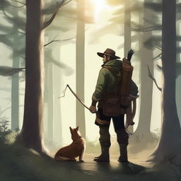 A blind ranger standing confidently in a dense forest, with a bow slung over their shoulder and a faithful animal companion by their side