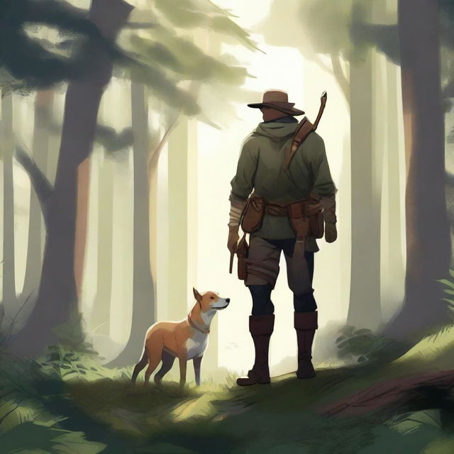 A blind ranger standing confidently in a dense forest, with a bow slung over their shoulder and a faithful animal companion by their side