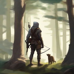 A blind ranger standing confidently in a dense forest, with a bow slung over their shoulder and a faithful animal companion by their side