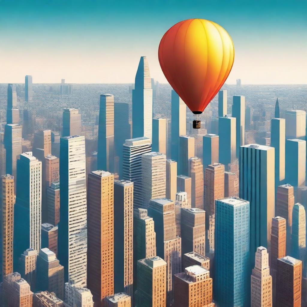 A single balloon floating high above a bustling cityscape