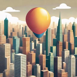 A single balloon floating high above a bustling cityscape