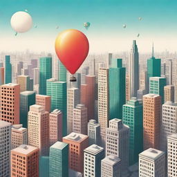 A single balloon floating high above a bustling cityscape