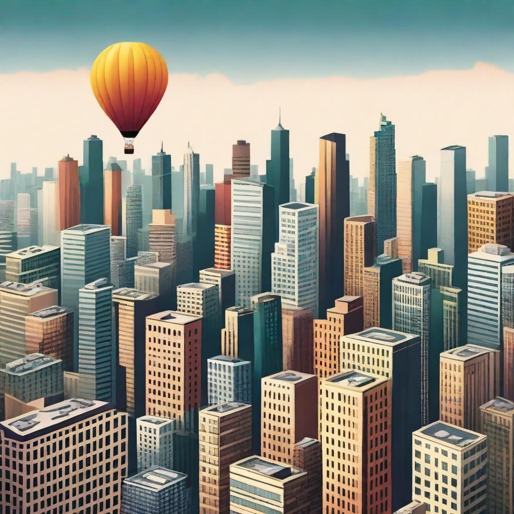 A single balloon floating high above a bustling cityscape