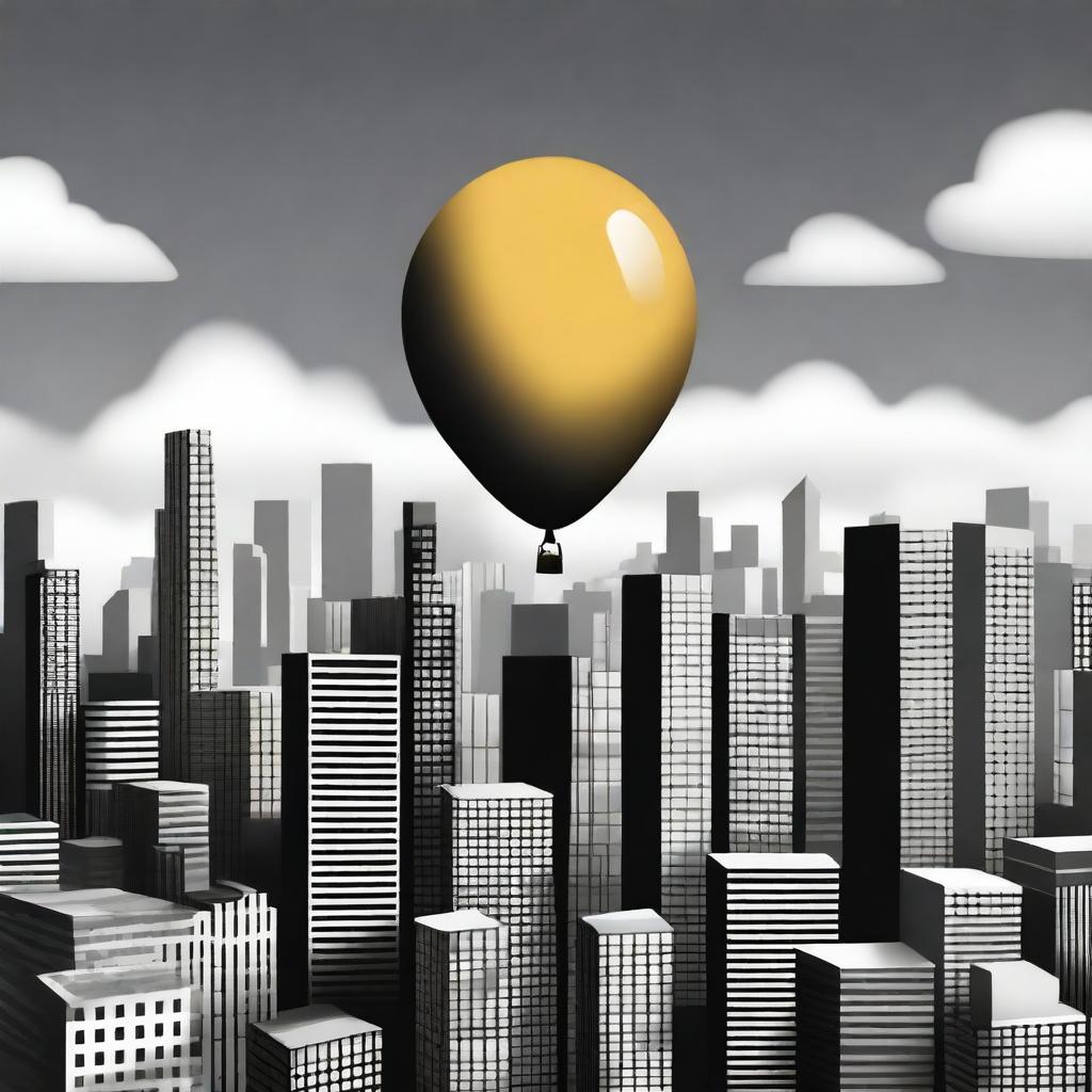 A single gold balloon floating high above a black and white cityscape