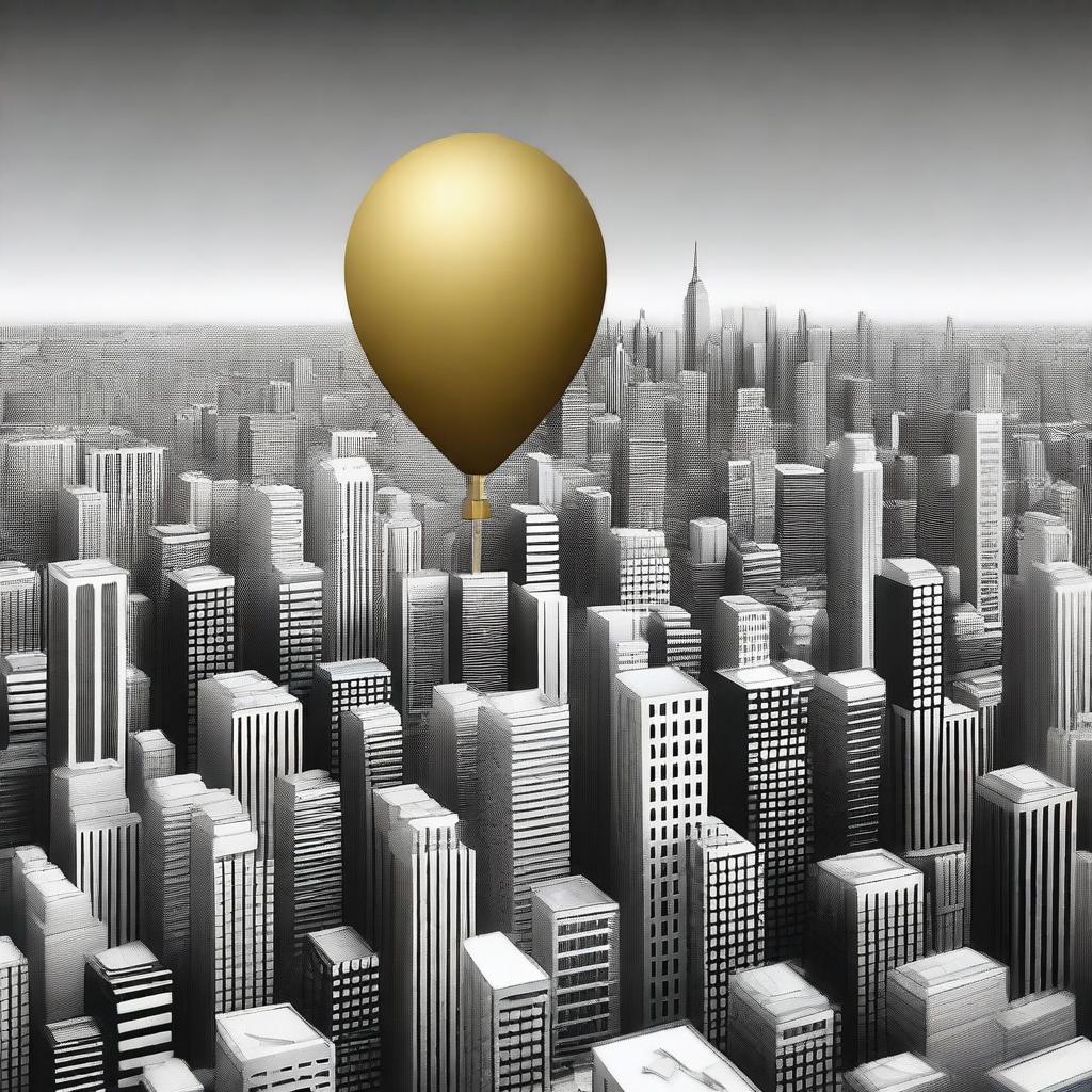 A single gold balloon floating high above a black and white cityscape