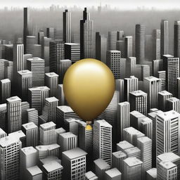 A single gold balloon floating high above a black and white cityscape