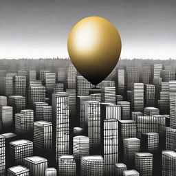 A single gold balloon floating high above a black and white cityscape