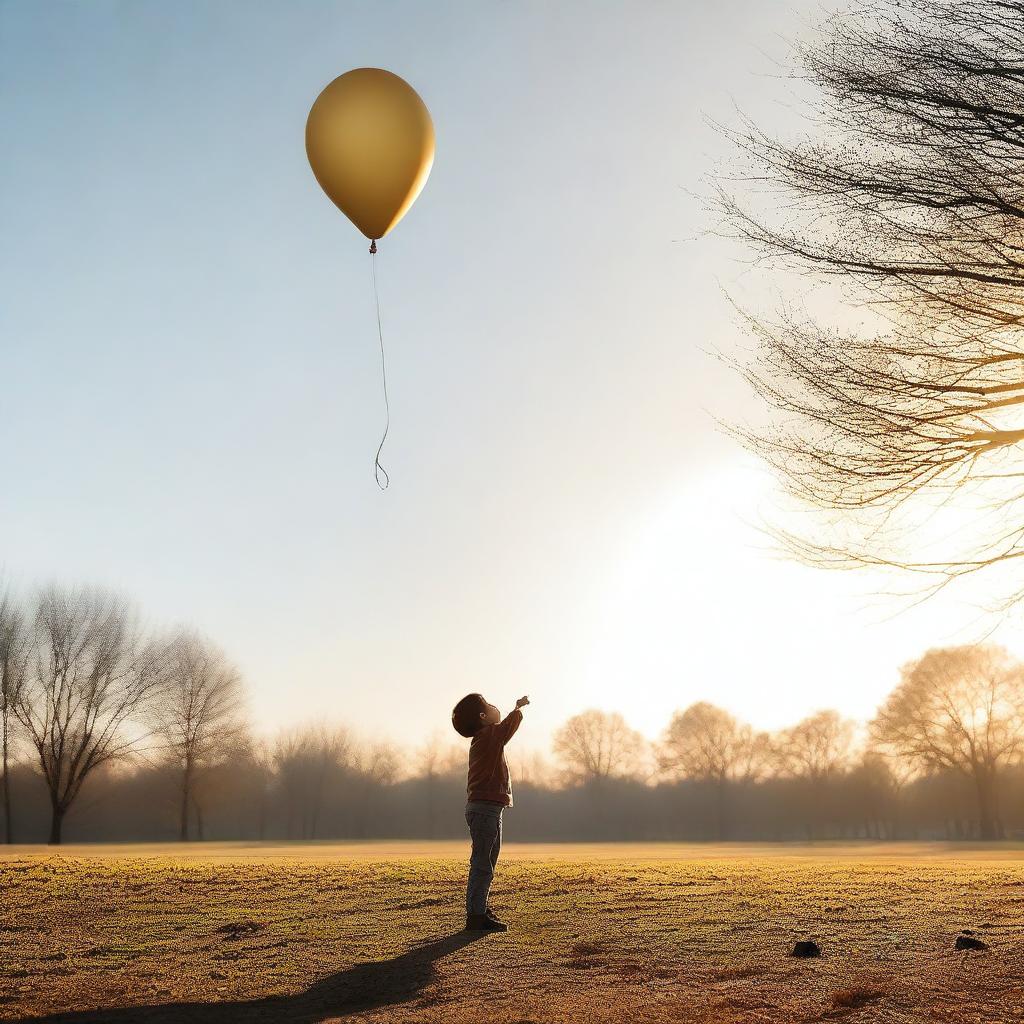 A single gold balloon floating away from a child who is reaching out towards it