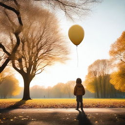 A single gold balloon floating away from a child who is reaching out towards it