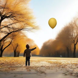 A single gold balloon floating away from a child who is reaching out towards it