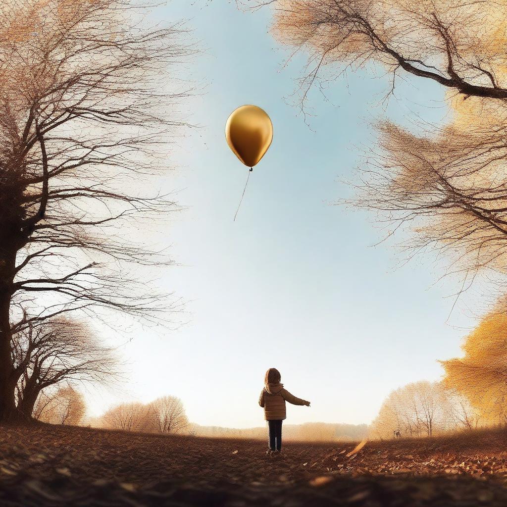 A single gold balloon floating away from a child who is reaching out towards it