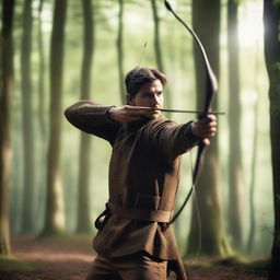 A blind archer aiming an arrow towards the camera with intense focus