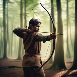 A blind archer aiming an arrow towards the camera with intense focus