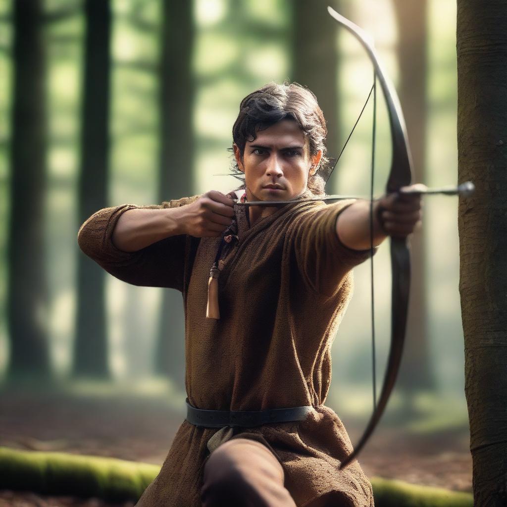 A blind archer aiming an arrow towards the camera with intense focus