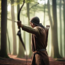 A blind archer aiming an arrow towards the camera with intense focus