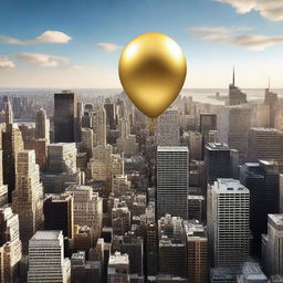 A solid gold balloon floating away from a bustling cityscape