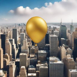 A solid gold balloon floating away from a bustling cityscape