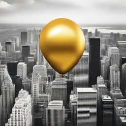 A solid gold balloon floating away from a bustling cityscape