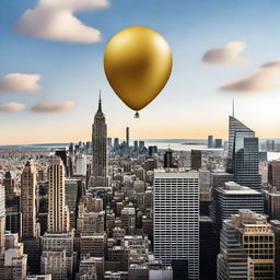 A solid gold balloon floating away from a bustling cityscape