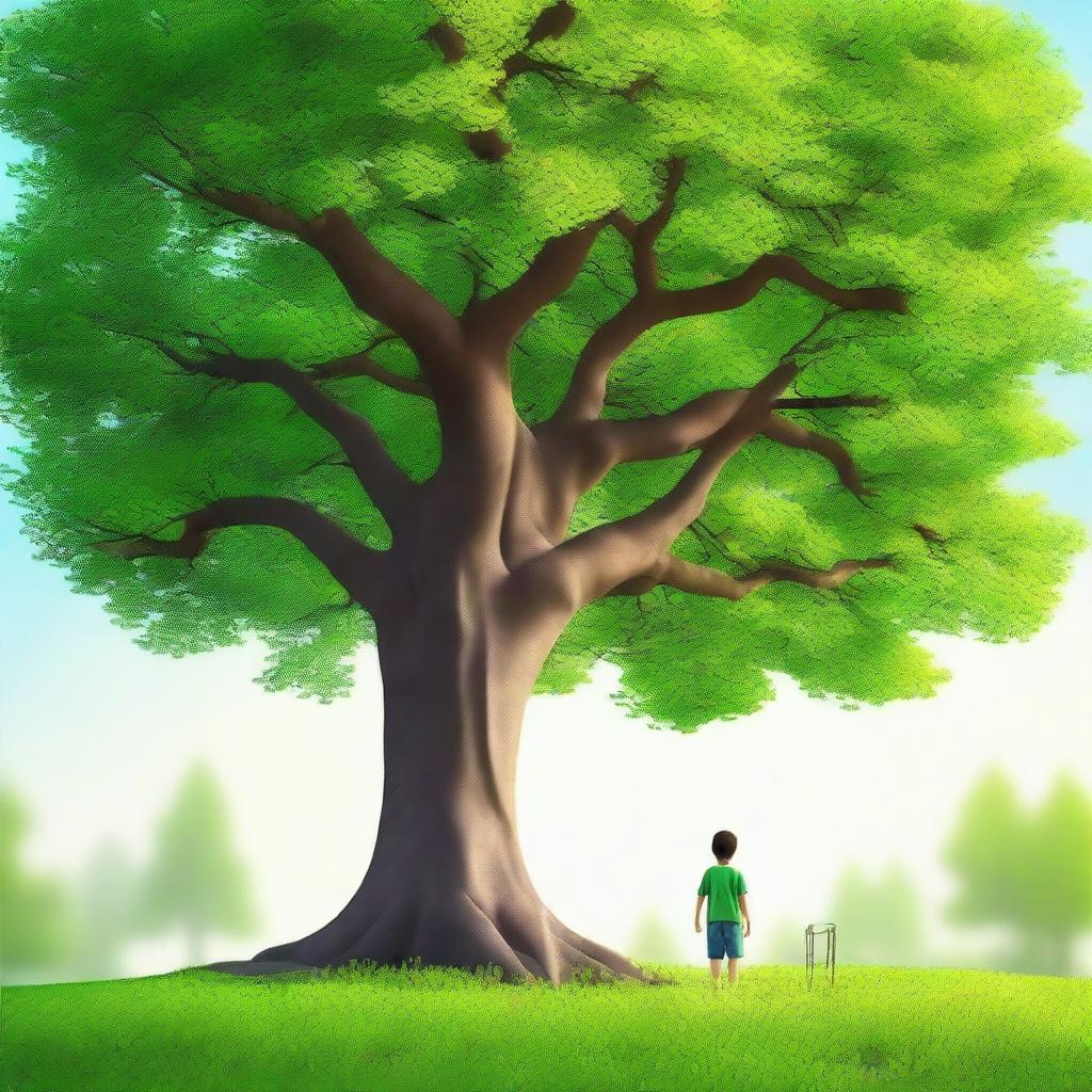 A vibrant tree in spring with lush green leaves, next to a boy who is gradually growing into a man