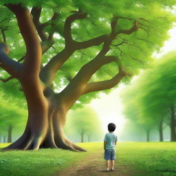 A vibrant tree in spring with lush green leaves, next to a boy who is gradually growing into a man