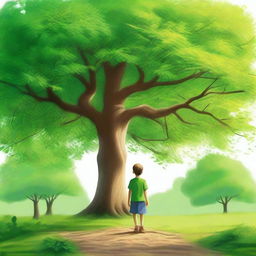 A vibrant tree in spring with lush green leaves, next to a boy who is gradually growing into a man