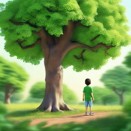 A vibrant tree in spring with lush green leaves, next to a boy who is gradually growing into a man