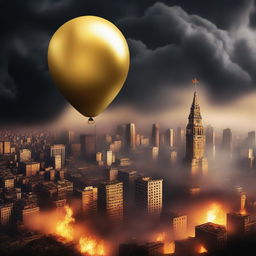 A solid gold balloon floating away from a burning city