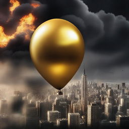 A solid gold balloon floating away from a burning city