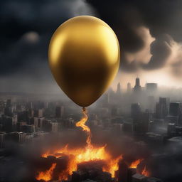 A solid gold balloon floating away from a burning city