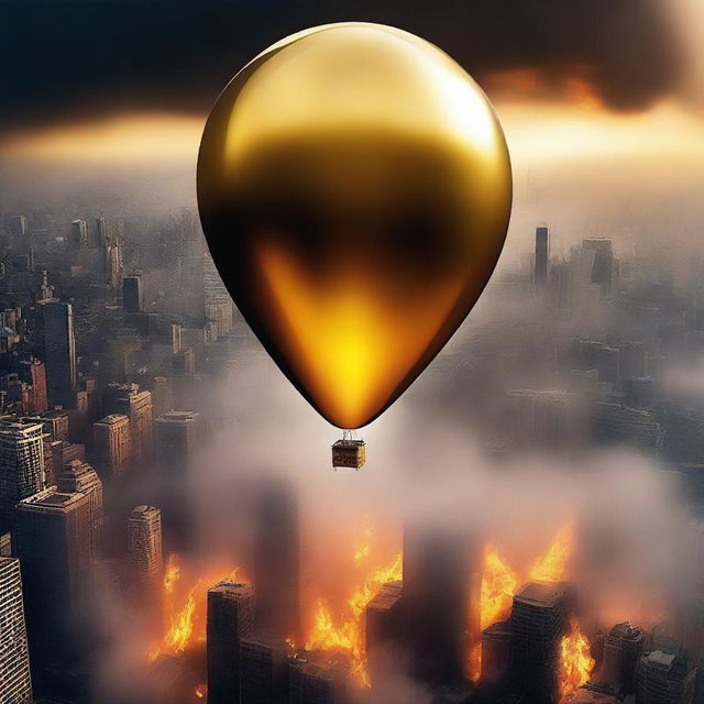 A solid gold balloon floating away from a burning city