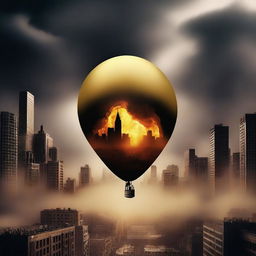 A solid gold balloon floating away from a burning city