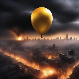 A solid gold balloon floating away from a burning city