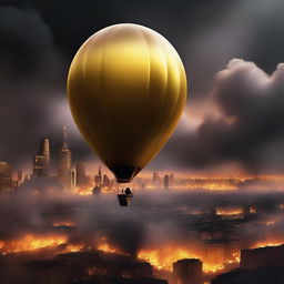 A solid gold balloon floating away from a burning city