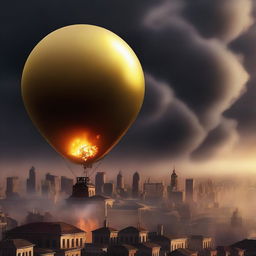 A solid gold balloon floating away from a burning city