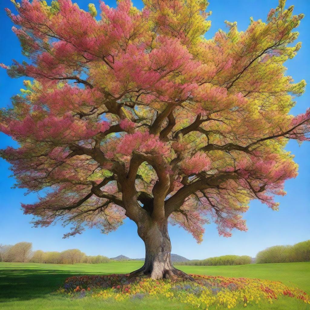 A beautiful tree in full bloom during spring, covered with vibrant flowers of various colors