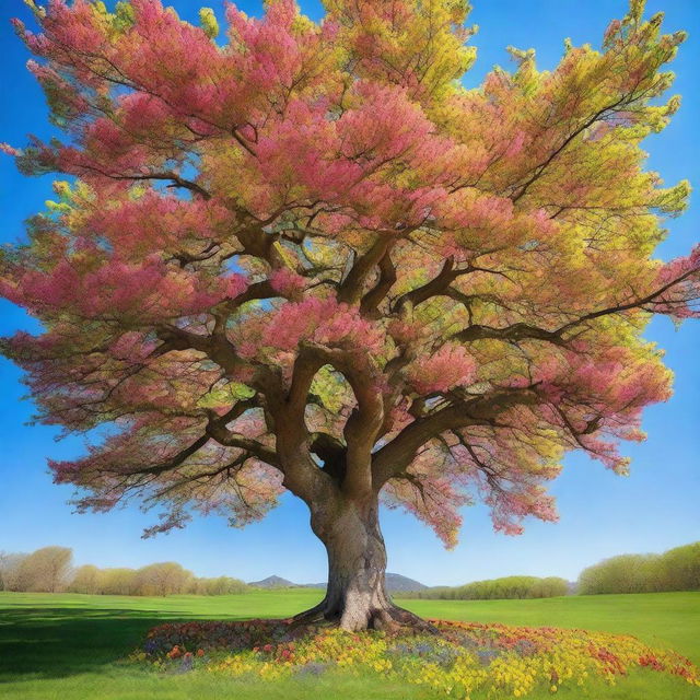 A beautiful tree in full bloom during spring, covered with vibrant flowers of various colors