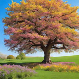 A beautiful tree in full bloom during spring, covered with vibrant flowers of various colors