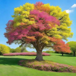 A beautiful tree in full bloom during spring, covered with vibrant flowers of various colors