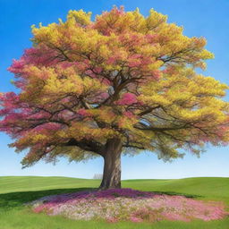 A beautiful tree in full bloom during spring, covered with vibrant flowers of various colors