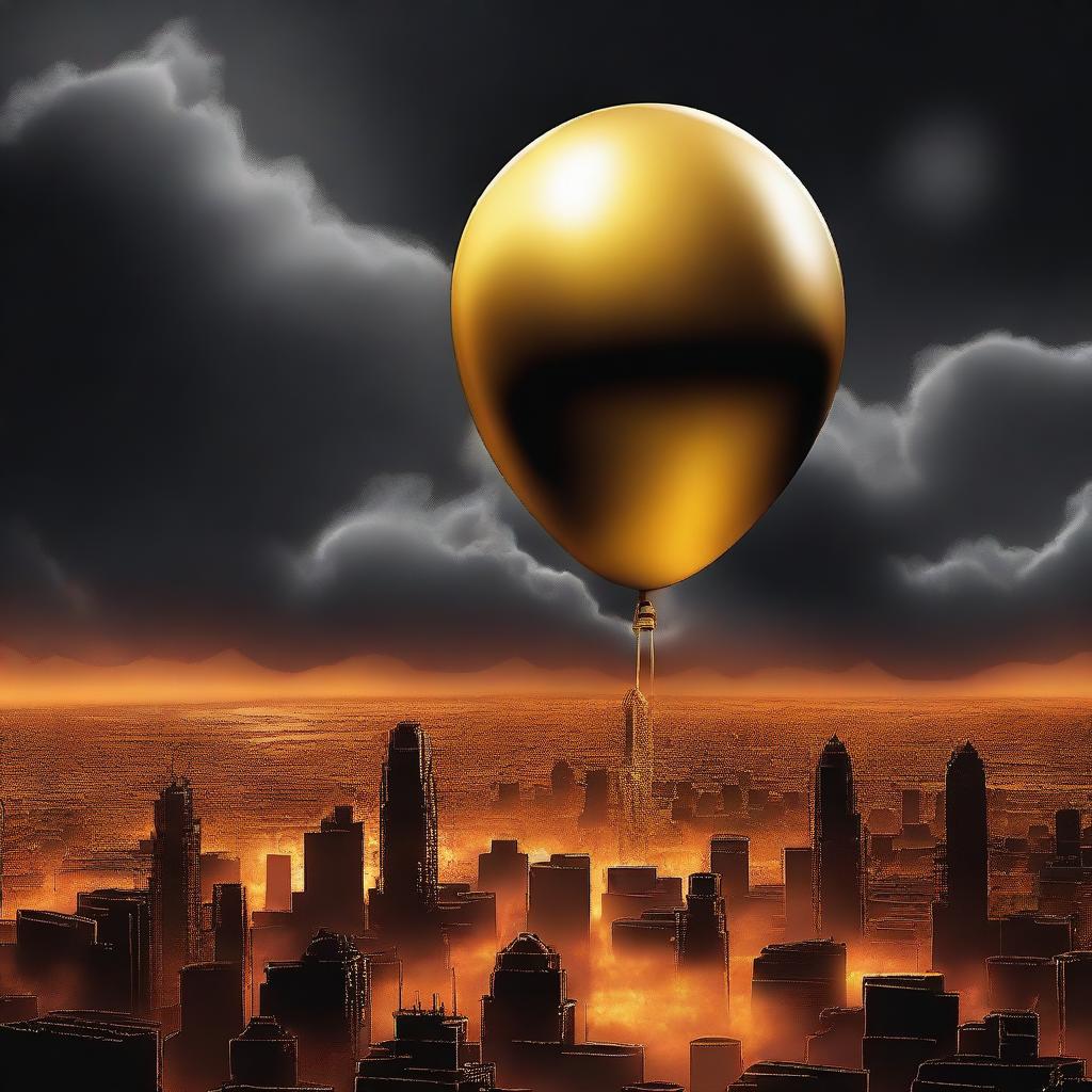 A solid gold balloon floating away from a burning city