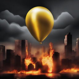 A solid gold balloon floating away from a burning city