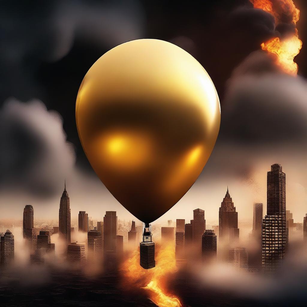 A solid gold balloon floating away from a burning city