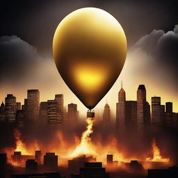 A solid gold balloon floating away from a burning city