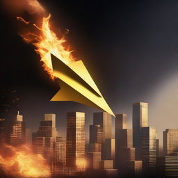 A solid gold paper airplane floating away from a burning city